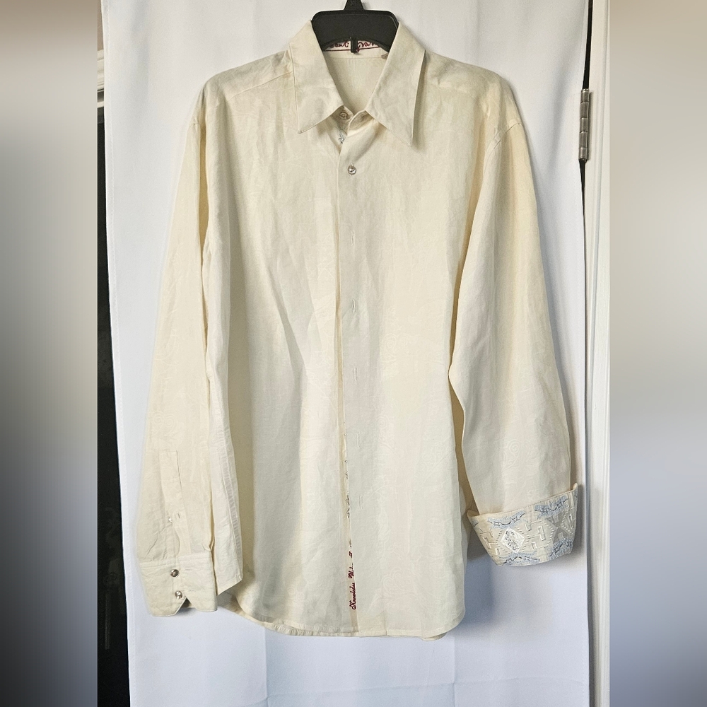 Robert‎ Graham Mens Off White Embroidered Cuff Button Down Shirt Size Large